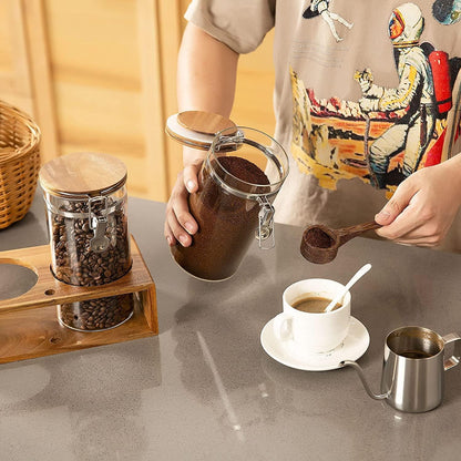 Yangbaga Coffee Canister with Shelf: 2P 45OZ Glass Airtight Coffee Holder | Large Capacity Coffee Container w/Acacia Scoop - Kitchen Food Storage Jar for Ground Coffee/Tea/Sugar/Cereal/Nuts/Coffee Bar