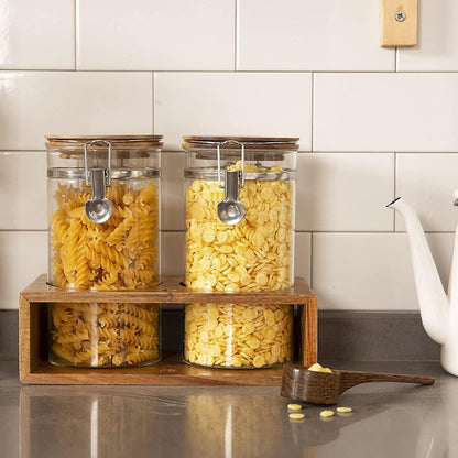 Yangbaga Coffee Canister with Shelf: 2P 45OZ Glass Airtight Coffee Holder | Large Capacity Coffee Container w/Acacia Scoop - Kitchen Food Storage Jar for Ground Coffee/Tea/Sugar/Cereal/Nuts/Coffee Bar