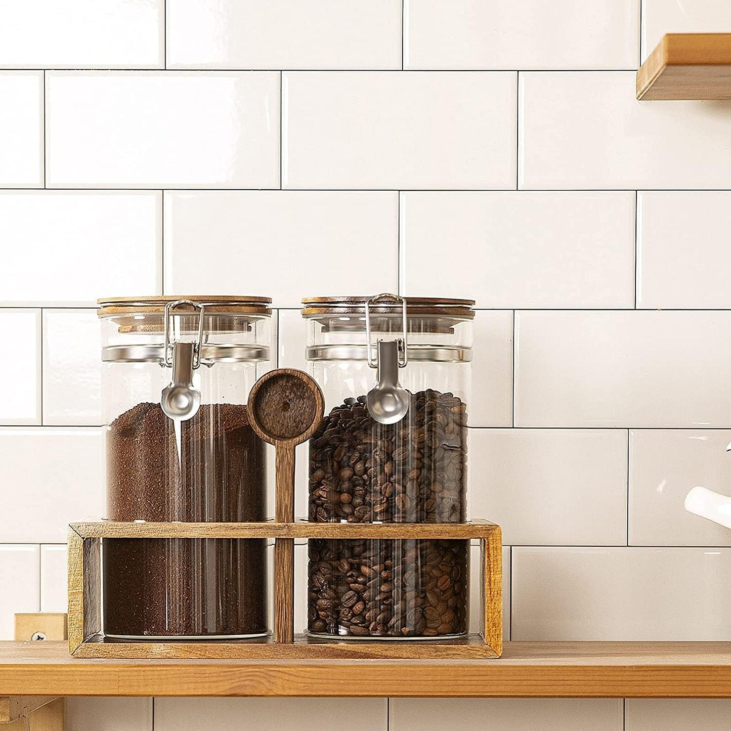 Yangbaga Coffee Canister with Shelf: 2P 45OZ Glass Airtight Coffee Holder | Large Capacity Coffee Container w/Acacia Scoop - Kitchen Food Storage Jar for Ground Coffee/Tea/Sugar/Cereal/Nuts/Coffee Bar