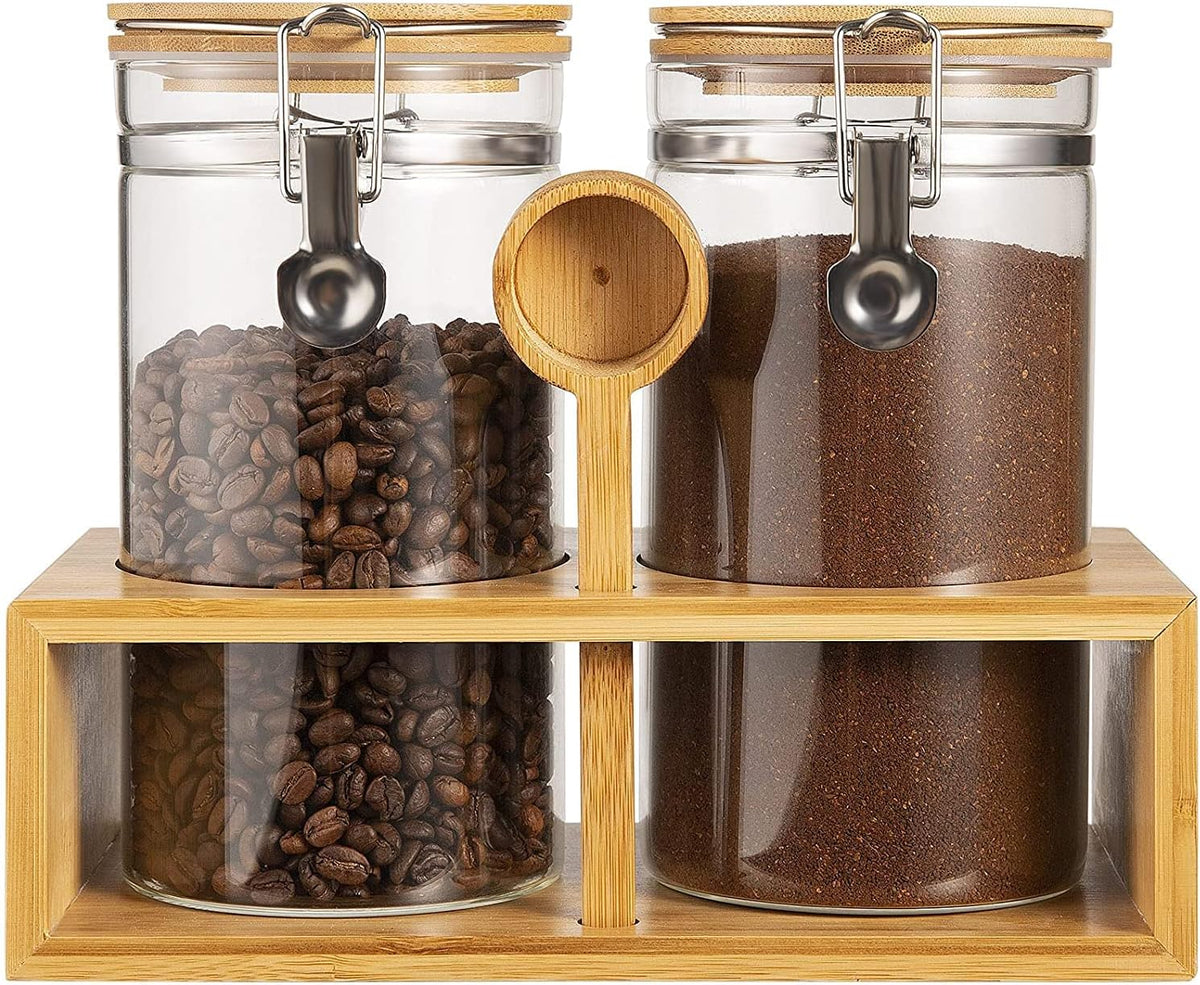 Yangbaga Coffee Canister with Shelf: 2P 45OZ Glass Airtight Coffee Holder | Large Capacity Coffee Container w/Acacia Scoop - Kitchen Food Storage Jar for Ground Coffee/Tea/Sugar/Cereal/Nuts/Coffee Bar