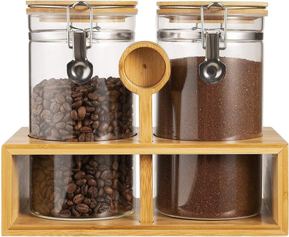 Yangbaga Coffee Canister with Shelf: 2P 45OZ Glass Airtight Coffee Holder | Large Capacity Coffee Container w/Acacia Scoop - Kitchen Food Storage Jar for Ground Coffee/Tea/Sugar/Cereal/Nuts/Coffee Bar