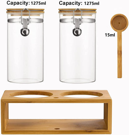 Yangbaga Coffee Canister with Shelf: 2P 45OZ Glass Airtight Coffee Holder | Large Capacity Coffee Container w/Acacia Scoop - Kitchen Food Storage Jar for Ground Coffee/Tea/Sugar/Cereal/Nuts/Coffee Bar