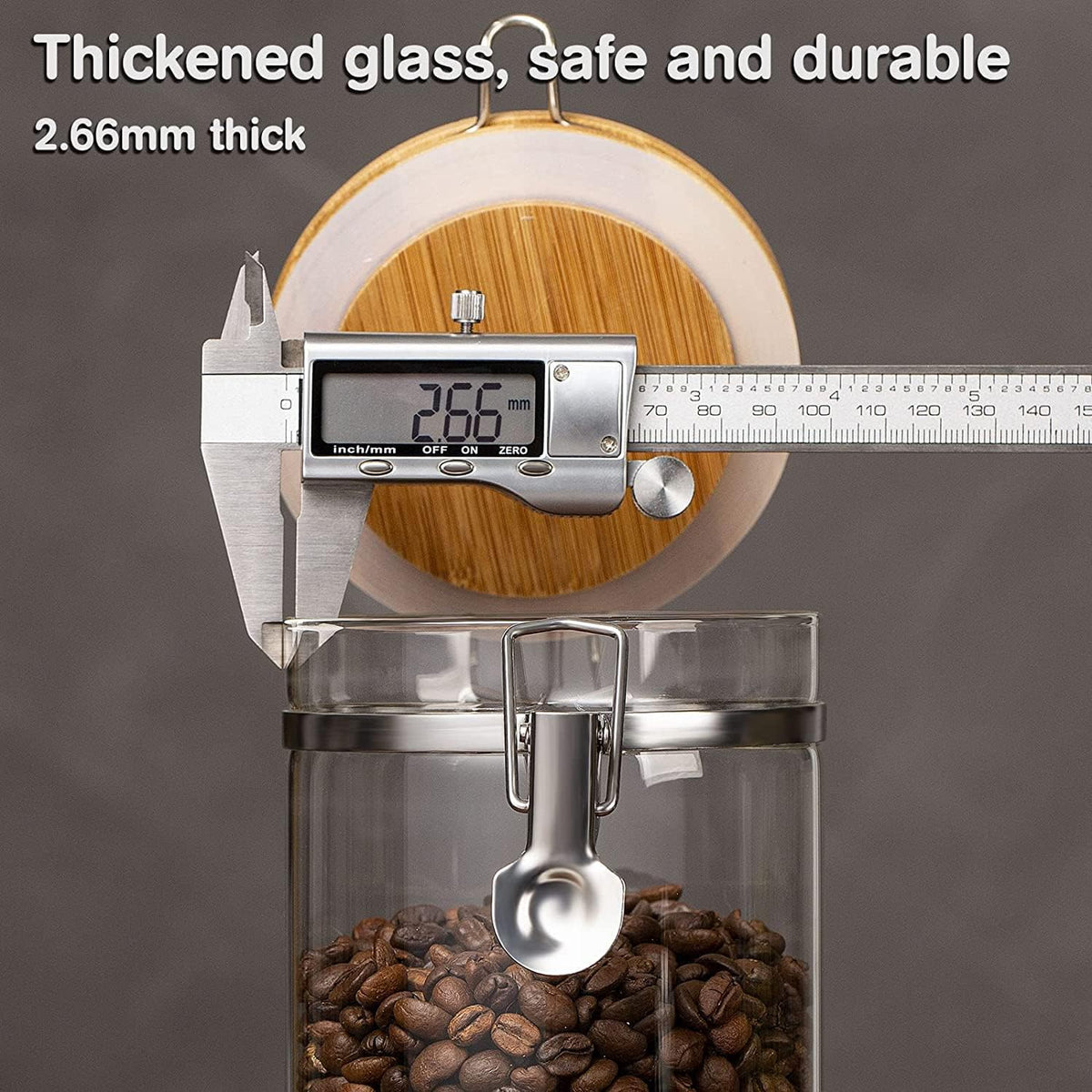 Yangbaga Coffee Canister with Shelf: 2P 45OZ Glass Airtight Coffee Holder | Large Capacity Coffee Container w/Acacia Scoop - Kitchen Food Storage Jar for Ground Coffee/Tea/Sugar/Cereal/Nuts/Coffee Bar