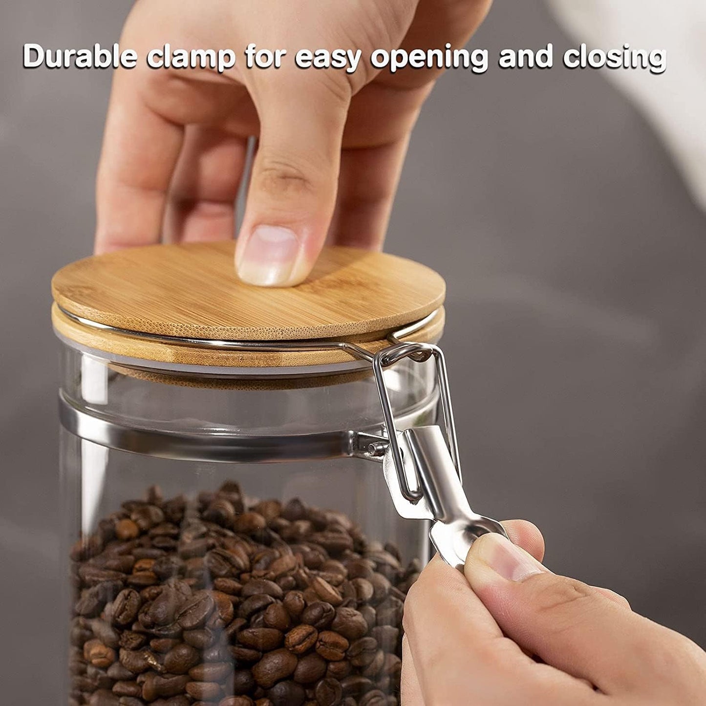 Yangbaga Coffee Canister with Shelf: 2P 45OZ Glass Airtight Coffee Holder | Large Capacity Coffee Container w/Acacia Scoop - Kitchen Food Storage Jar for Ground Coffee/Tea/Sugar/Cereal/Nuts/Coffee Bar