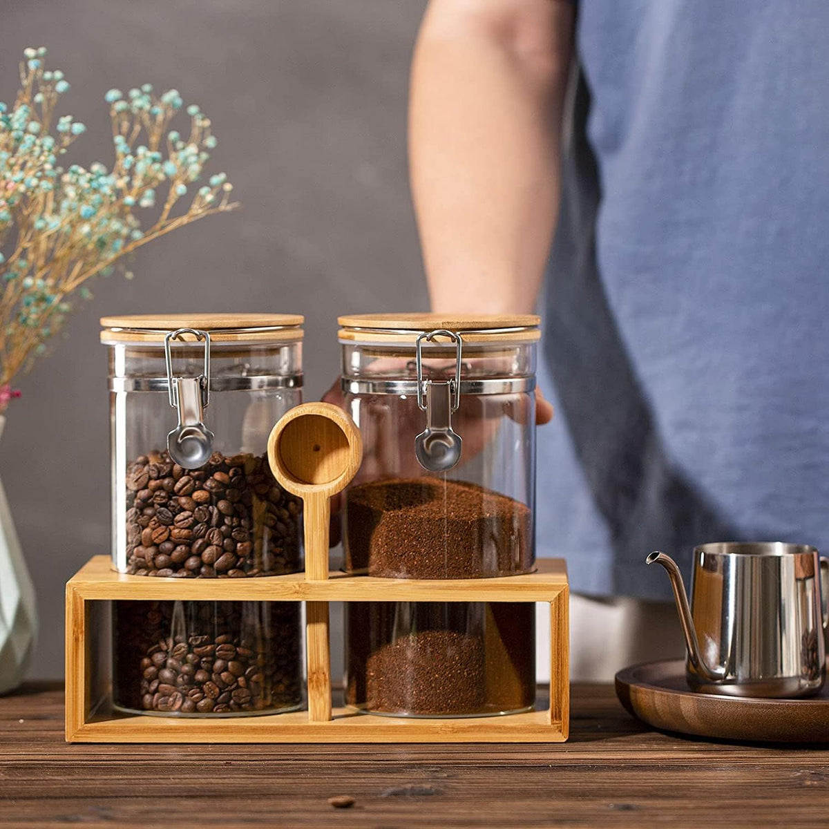 Yangbaga Coffee Canister with Shelf: 2P 45OZ Glass Airtight Coffee Holder | Large Capacity Coffee Container w/Acacia Scoop - Kitchen Food Storage Jar for Ground Coffee/Tea/Sugar/Cereal/Nuts/Coffee Bar