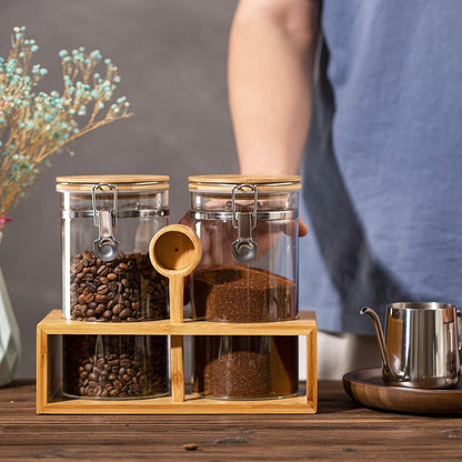 Yangbaga Coffee Canister with Shelf: 2P 45OZ Glass Airtight Coffee Holder | Large Capacity Coffee Container w/Acacia Scoop - Kitchen Food Storage Jar for Ground Coffee/Tea/Sugar/Cereal/Nuts/Coffee Bar