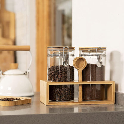 Yangbaga Coffee Canister with Shelf: 2P 45OZ Glass Airtight Coffee Holder | Large Capacity Coffee Container w/Acacia Scoop - Kitchen Food Storage Jar for Ground Coffee/Tea/Sugar/Cereal/Nuts/Coffee Bar