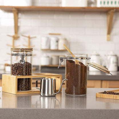 Yangbaga Coffee Canister with Shelf: 2P 45OZ Glass Airtight Coffee Holder | Large Capacity Coffee Container w/Acacia Scoop - Kitchen Food Storage Jar for Ground Coffee/Tea/Sugar/Cereal/Nuts/Coffee Bar