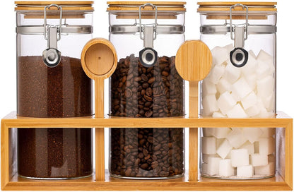 Yangbaga Coffee Canister with Shelf: 2P 45OZ Glass Airtight Coffee Holder | Large Capacity Coffee Container w/Acacia Scoop - Kitchen Food Storage Jar for Ground Coffee/Tea/Sugar/Cereal/Nuts/Coffee Bar