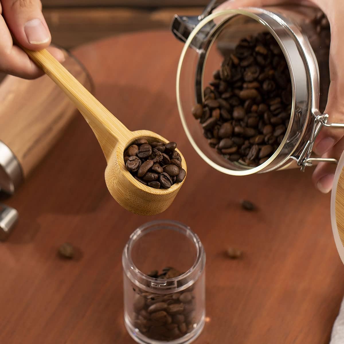 Yangbaga Coffee Canister with Shelf: 2P 45OZ Glass Airtight Coffee Holder | Large Capacity Coffee Container w/Acacia Scoop - Kitchen Food Storage Jar for Ground Coffee/Tea/Sugar/Cereal/Nuts/Coffee Bar