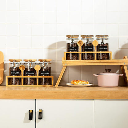 Yangbaga Coffee Canister with Shelf: 2P 45OZ Glass Airtight Coffee Holder | Large Capacity Coffee Container w/Acacia Scoop - Kitchen Food Storage Jar for Ground Coffee/Tea/Sugar/Cereal/Nuts/Coffee Bar