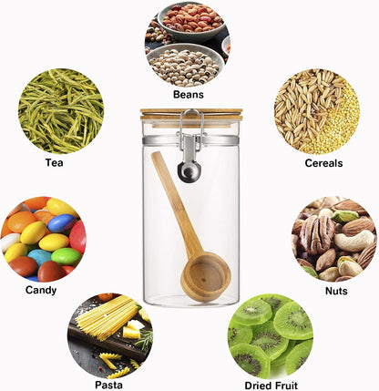 Yangbaga Coffee Canister with Shelf: 2P 45OZ Glass Airtight Coffee Holder | Large Capacity Coffee Container w/Acacia Scoop - Kitchen Food Storage Jar for Ground Coffee/Tea/Sugar/Cereal/Nuts/Coffee Bar