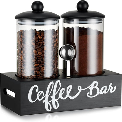 Yangbaga Coffee Canister with Shelf: 2P 45OZ Glass Airtight Coffee Holder | Large Capacity Coffee Container w/Acacia Scoop - Kitchen Food Storage Jar for Ground Coffee/Tea/Sugar/Cereal/Nuts/Coffee Bar