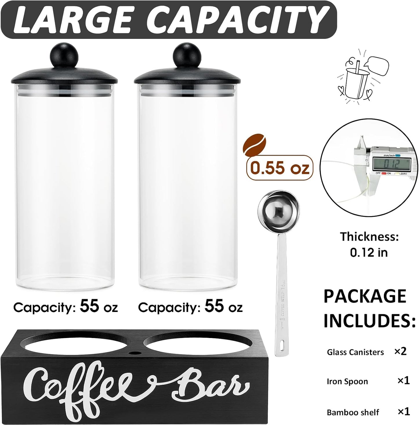 Yangbaga Coffee Canister with Shelf: 2P 45OZ Glass Airtight Coffee Holder | Large Capacity Coffee Container w/Acacia Scoop - Kitchen Food Storage Jar for Ground Coffee/Tea/Sugar/Cereal/Nuts/Coffee Bar