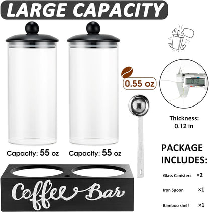 Yangbaga Coffee Canister with Shelf: 2P 45OZ Glass Airtight Coffee Holder | Large Capacity Coffee Container w/Acacia Scoop - Kitchen Food Storage Jar for Ground Coffee/Tea/Sugar/Cereal/Nuts/Coffee Bar