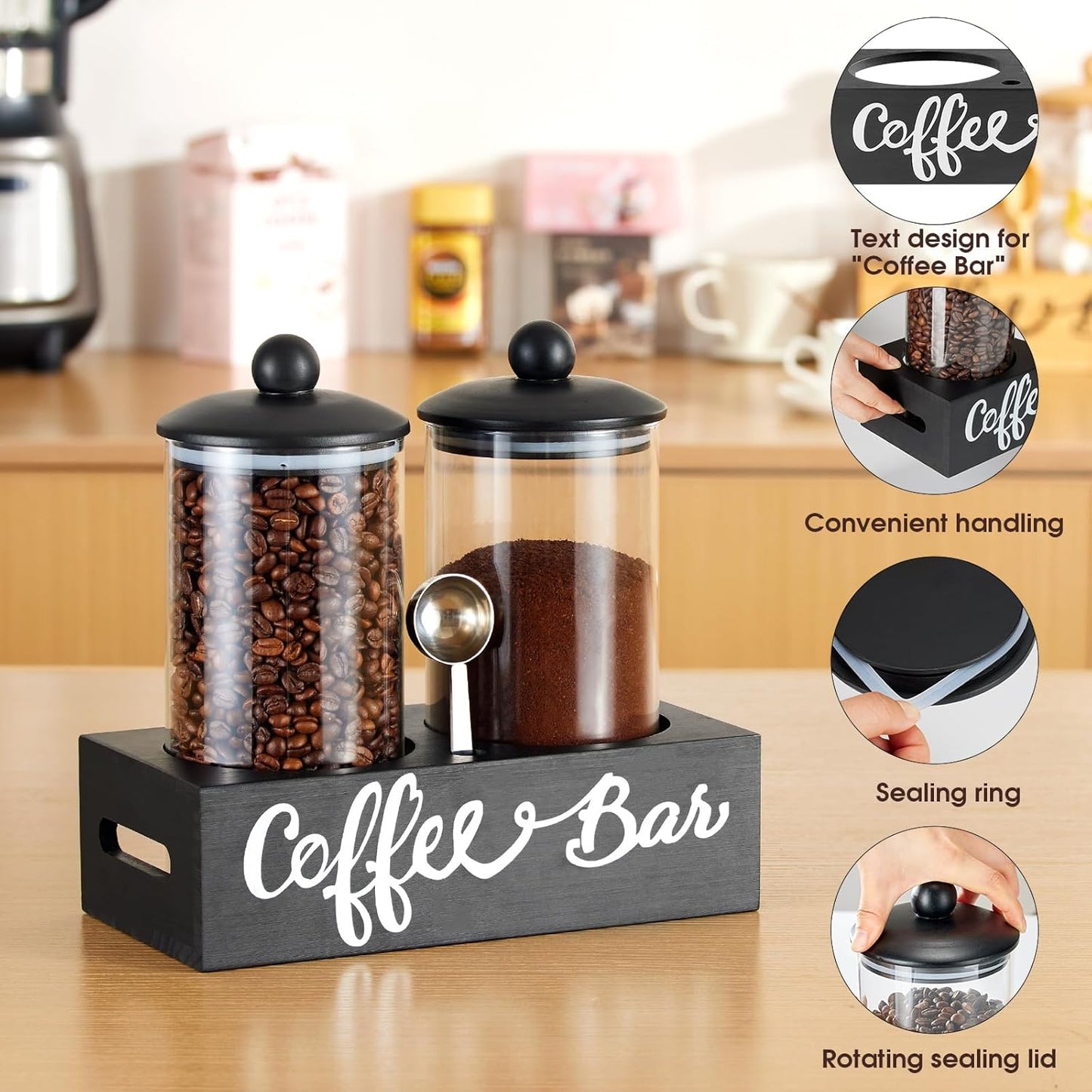 Yangbaga Coffee Canister with Shelf: 2P 45OZ Glass Airtight Coffee Holder | Large Capacity Coffee Container w/Acacia Scoop - Kitchen Food Storage Jar for Ground Coffee/Tea/Sugar/Cereal/Nuts/Coffee Bar