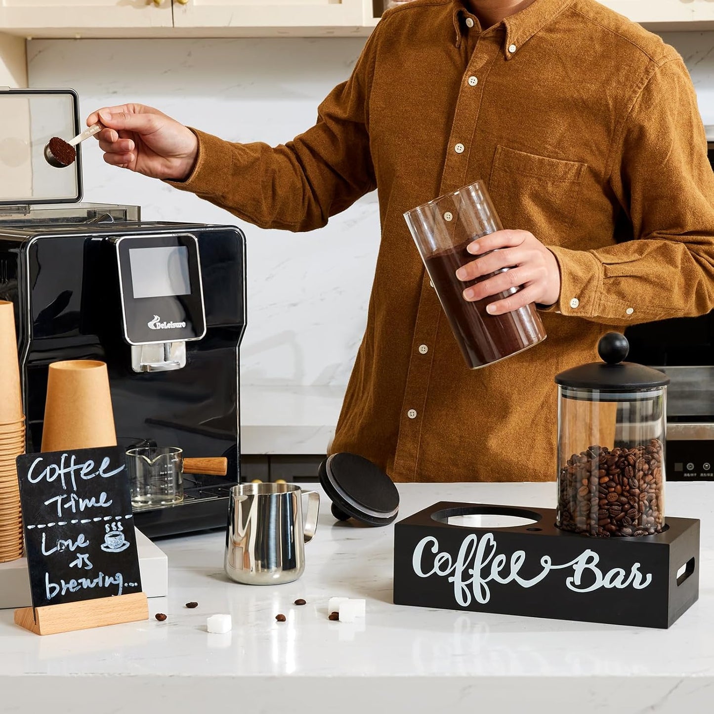 Yangbaga Coffee Canister with Shelf: 2P 45OZ Glass Airtight Coffee Holder | Large Capacity Coffee Container w/Acacia Scoop - Kitchen Food Storage Jar for Ground Coffee/Tea/Sugar/Cereal/Nuts/Coffee Bar