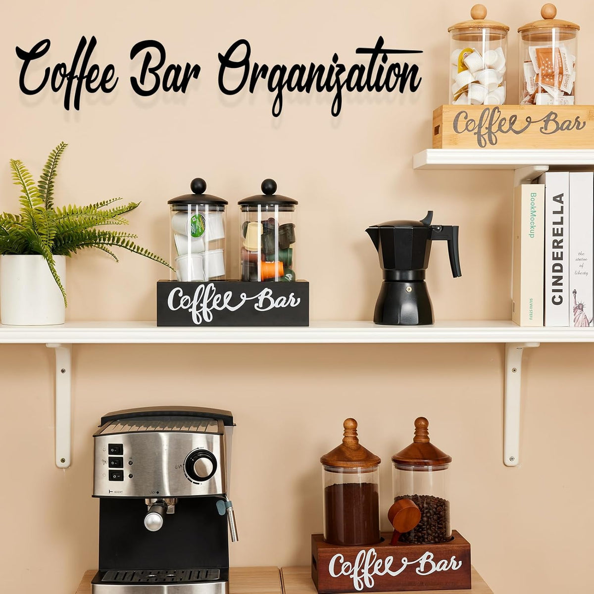 Yangbaga Coffee Canister with Shelf: 2P 45OZ Glass Airtight Coffee Holder | Large Capacity Coffee Container w/Acacia Scoop - Kitchen Food Storage Jar for Ground Coffee/Tea/Sugar/Cereal/Nuts/Coffee Bar