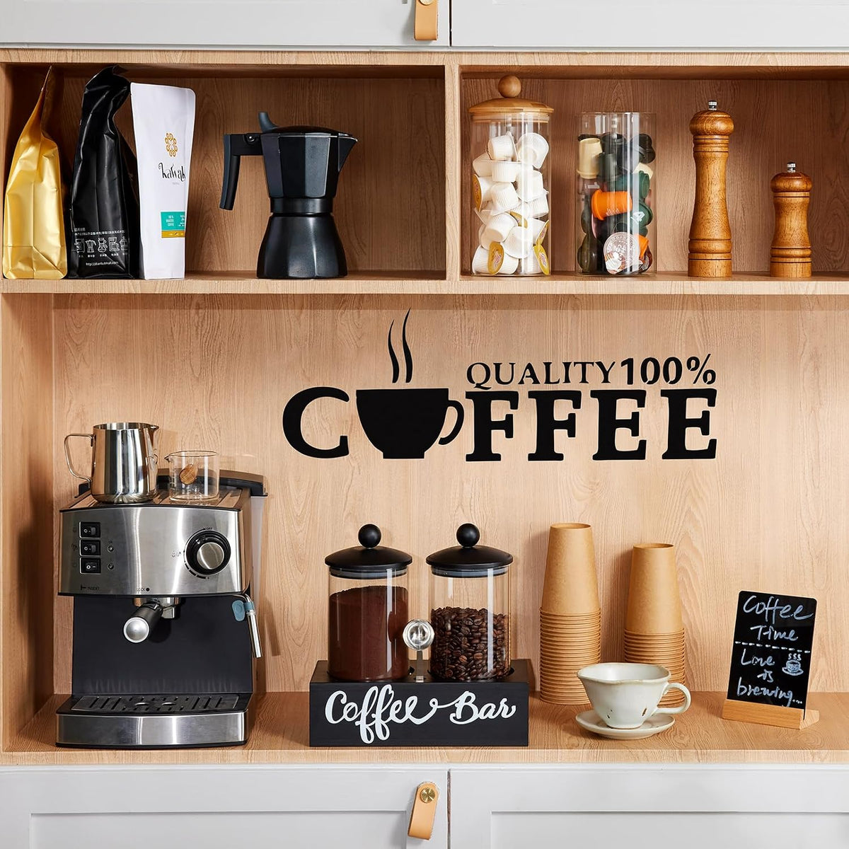 Yangbaga Coffee Canister with Shelf: 2P 45OZ Glass Airtight Coffee Holder | Large Capacity Coffee Container w/Acacia Scoop - Kitchen Food Storage Jar for Ground Coffee/Tea/Sugar/Cereal/Nuts/Coffee Bar