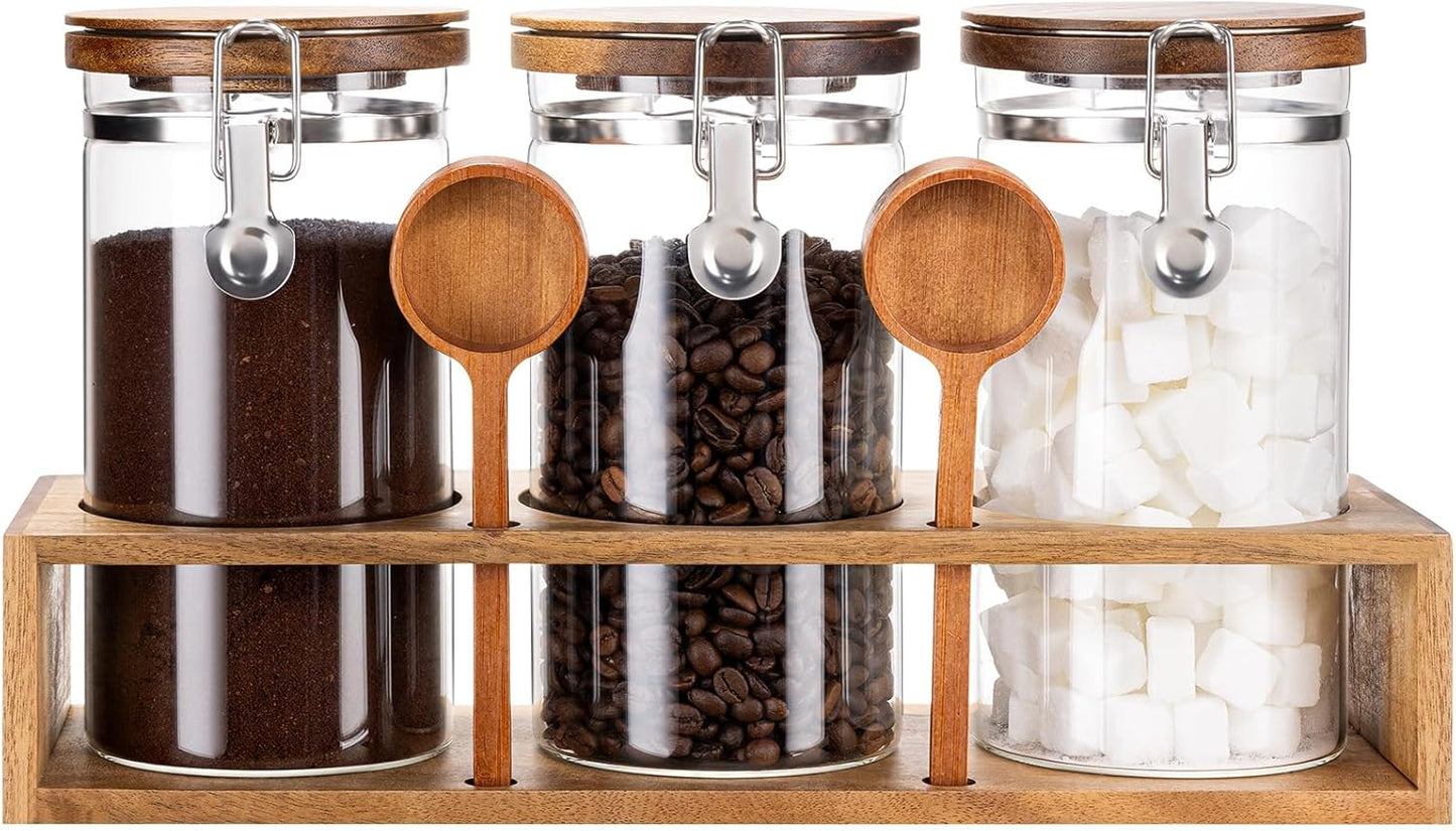 Yangbaga Coffee Canister with Shelf: 2P 45OZ Glass Airtight Coffee Holder | Large Capacity Coffee Container w/Acacia Scoop - Kitchen Food Storage Jar for Ground Coffee/Tea/Sugar/Cereal/Nuts/Coffee Bar