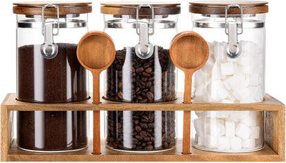 Yangbaga Coffee Canister with Shelf: 2P 45OZ Glass Airtight Coffee Holder | Large Capacity Coffee Container w/Acacia Scoop - Kitchen Food Storage Jar for Ground Coffee/Tea/Sugar/Cereal/Nuts/Coffee Bar