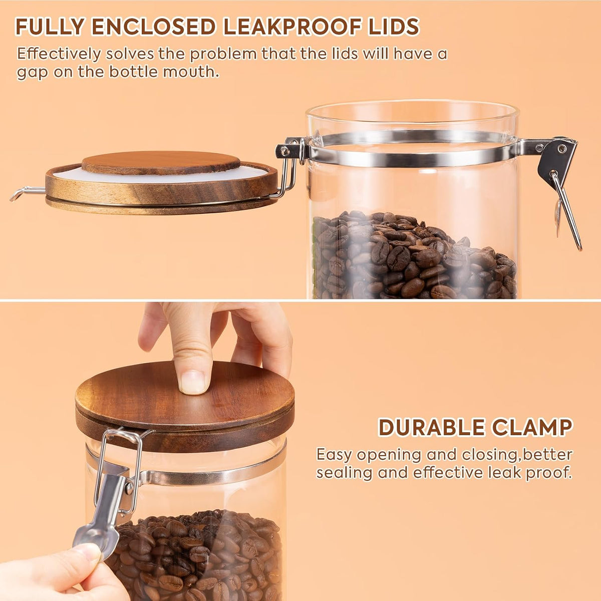 Yangbaga Coffee Canister with Shelf: 2P 45OZ Glass Airtight Coffee Holder | Large Capacity Coffee Container w/Acacia Scoop - Kitchen Food Storage Jar for Ground Coffee/Tea/Sugar/Cereal/Nuts/Coffee Bar