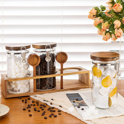 Yangbaga Coffee Canister with Shelf: 2P 45OZ Glass Airtight Coffee Holder | Large Capacity Coffee Container w/Acacia Scoop - Kitchen Food Storage Jar for Ground Coffee/Tea/Sugar/Cereal/Nuts/Coffee Bar
