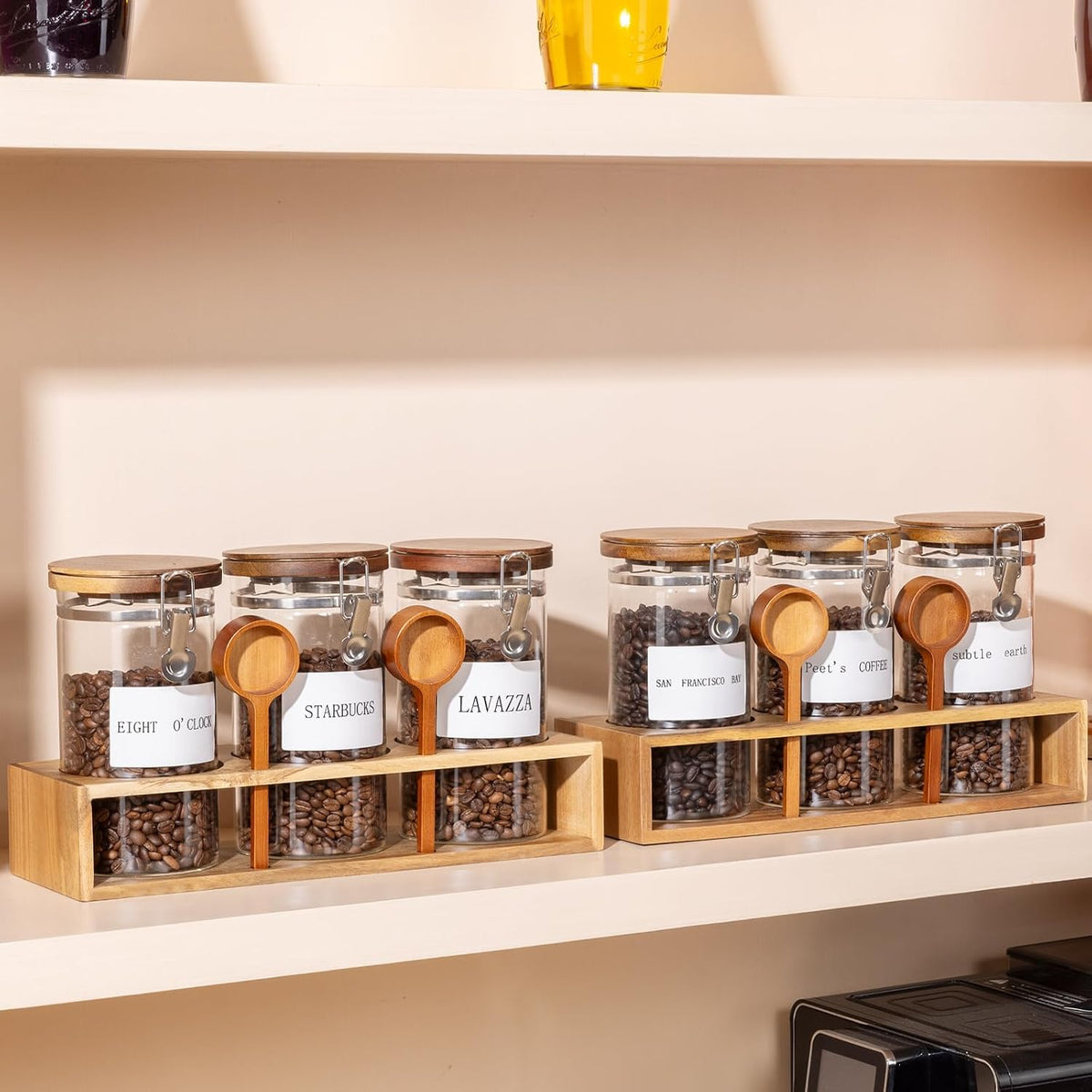 Yangbaga Coffee Canister with Shelf: 2P 45OZ Glass Airtight Coffee Holder | Large Capacity Coffee Container w/Acacia Scoop - Kitchen Food Storage Jar for Ground Coffee/Tea/Sugar/Cereal/Nuts/Coffee Bar
