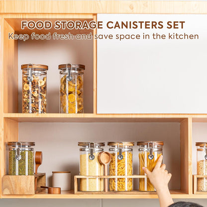 Yangbaga Coffee Canister with Shelf: 2P 45OZ Glass Airtight Coffee Holder | Large Capacity Coffee Container w/Acacia Scoop - Kitchen Food Storage Jar for Ground Coffee/Tea/Sugar/Cereal/Nuts/Coffee Bar