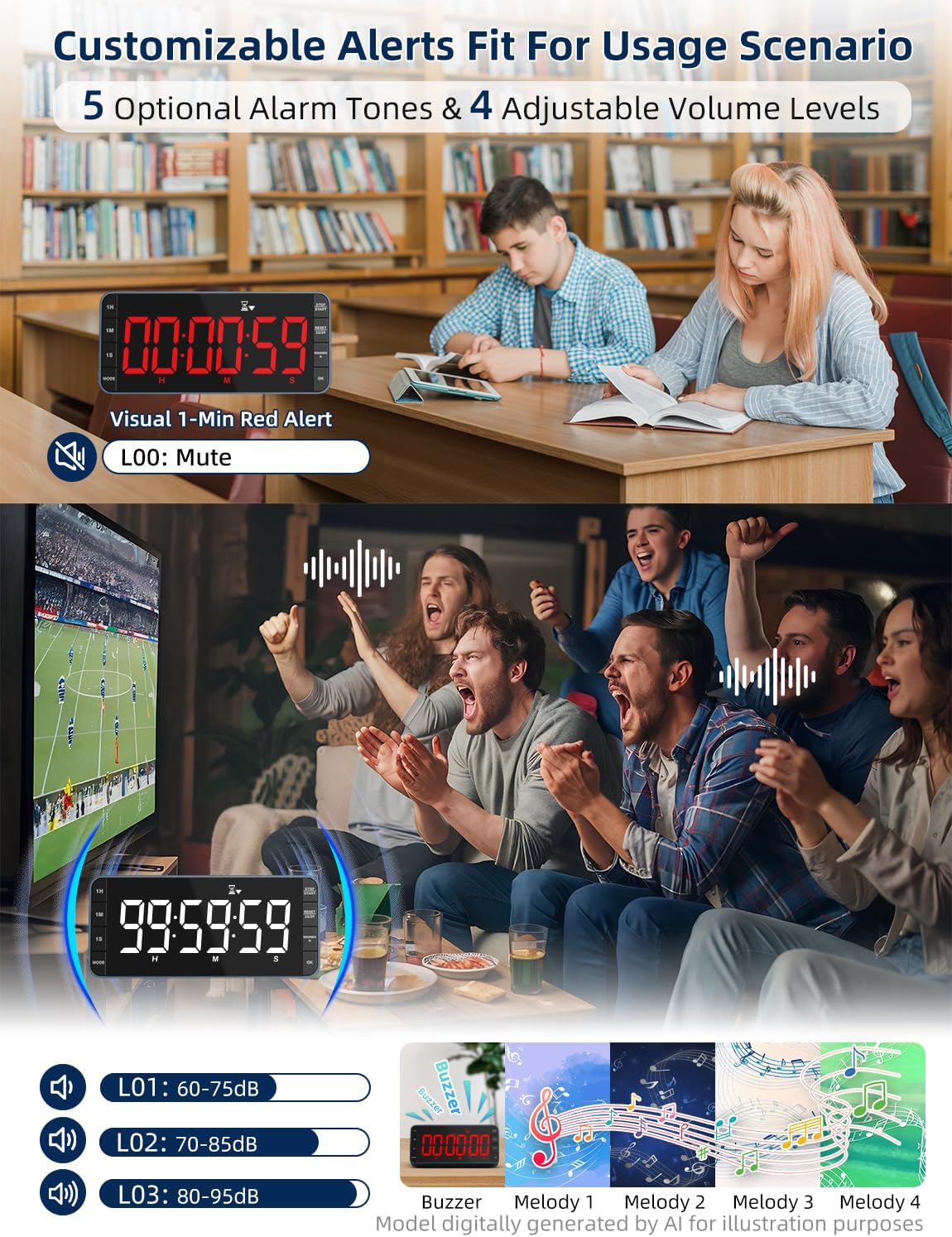 7.8" Digital Kitchen Timer with Large LED Display, Magnetic Rechargeable Countdown Timer, 5 Alarms & 4 Volume Levels, 99H Count Up/Down Timer for Cooking, Classroom & Study