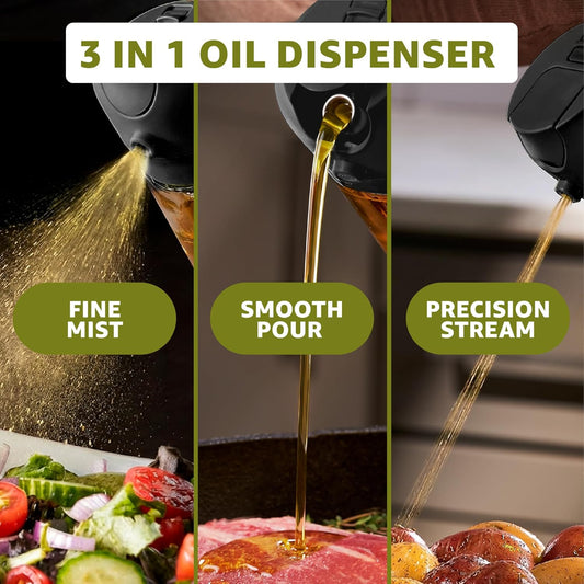 16oz Olive Oil Sprayer for Cooking, 2 in 1 Olive Oil Dispenser Bottle for Kitchen, Air Fryer, Salad, BBQ & Baking – Dual Spray Mist & Stream, with Measurement Marks, Black