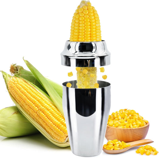 Corn Stripper Peeler & Cutter with Cup, 304 Stainless Steel Cob Thresher, Off-Cob Kernel Remover & Slicer with Serrated Blade for Home & Kitchen