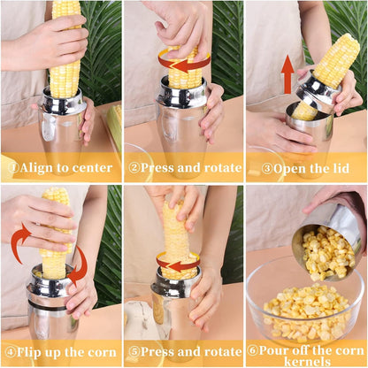 Corn Stripper Peeler & Cutter with Cup, 304 Stainless Steel Cob Thresher, Off-Cob Kernel Remover & Slicer with Serrated Blade for Home & Kitchen