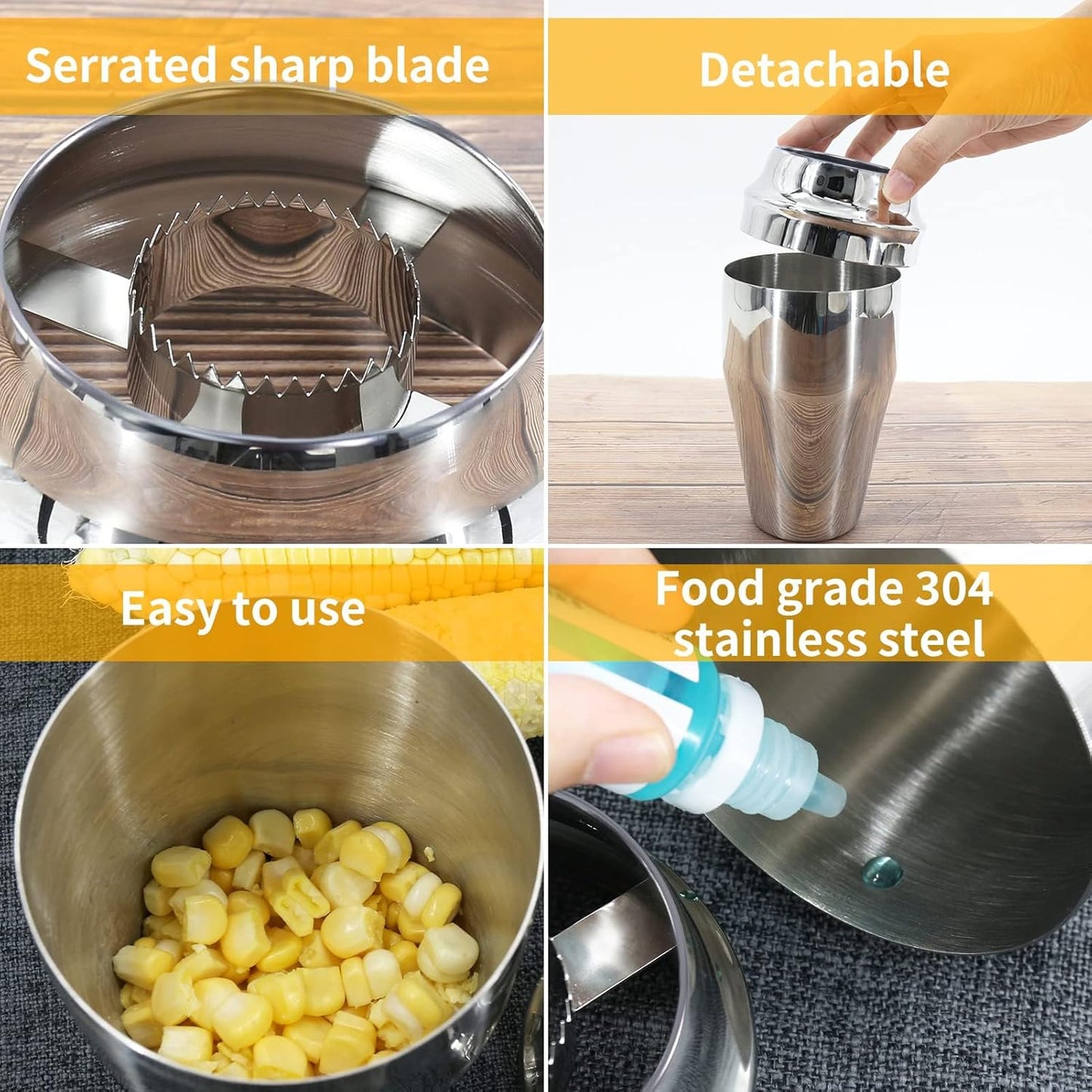 Corn Stripper Peeler & Cutter with Cup, 304 Stainless Steel Cob Thresher, Off-Cob Kernel Remover & Slicer with Serrated Blade for Home & Kitchen