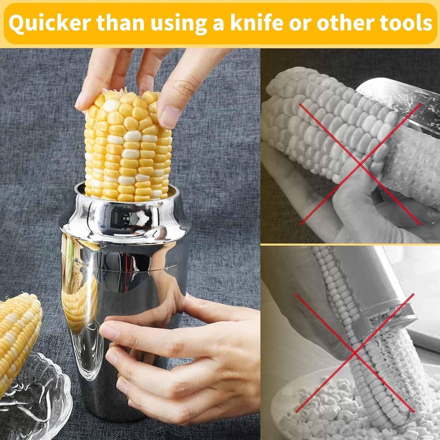 Corn Stripper Peeler & Cutter with Cup, 304 Stainless Steel Cob Thresher, Off-Cob Kernel Remover & Slicer with Serrated Blade for Home & Kitchen