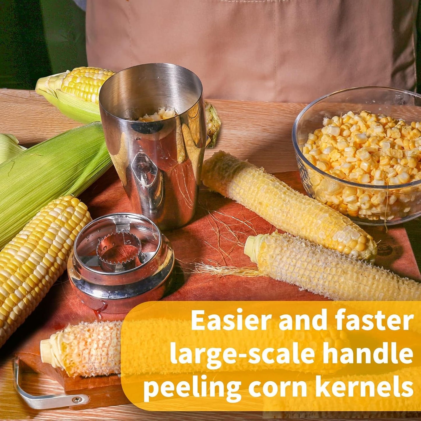 Corn Stripper Peeler & Cutter with Cup, 304 Stainless Steel Cob Thresher, Off-Cob Kernel Remover & Slicer with Serrated Blade for Home & Kitchen