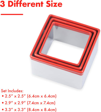 3 Pcs Square Cookie Cutter Set, Stainless Steel Biscuit Cutters for Baking, 2.5” 2.9” 3.3”, Sandwich Cutter Shapes for Kids, Red Soft Rubber Top for Protection