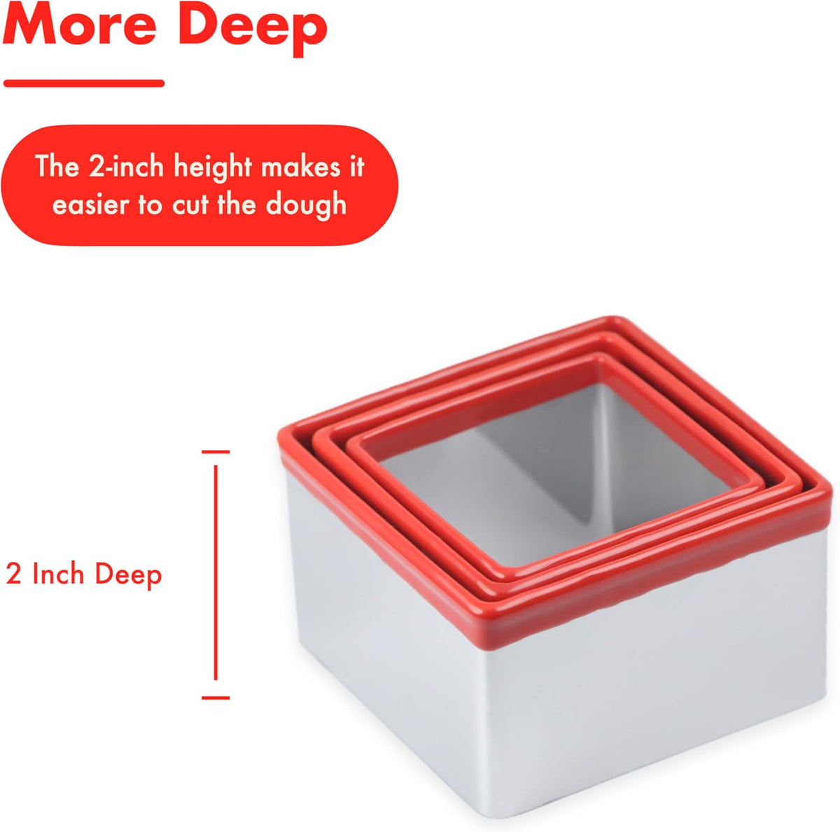 3 Pcs Square Cookie Cutter Set, Stainless Steel Biscuit Cutters for Baking, 2.5” 2.9” 3.3”, Sandwich Cutter Shapes for Kids, Red Soft Rubber Top for Protection