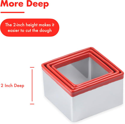 3 Pcs Square Cookie Cutter Set, Stainless Steel Biscuit Cutters for Baking, 2.5” 2.9” 3.3”, Sandwich Cutter Shapes for Kids, Red Soft Rubber Top for Protection