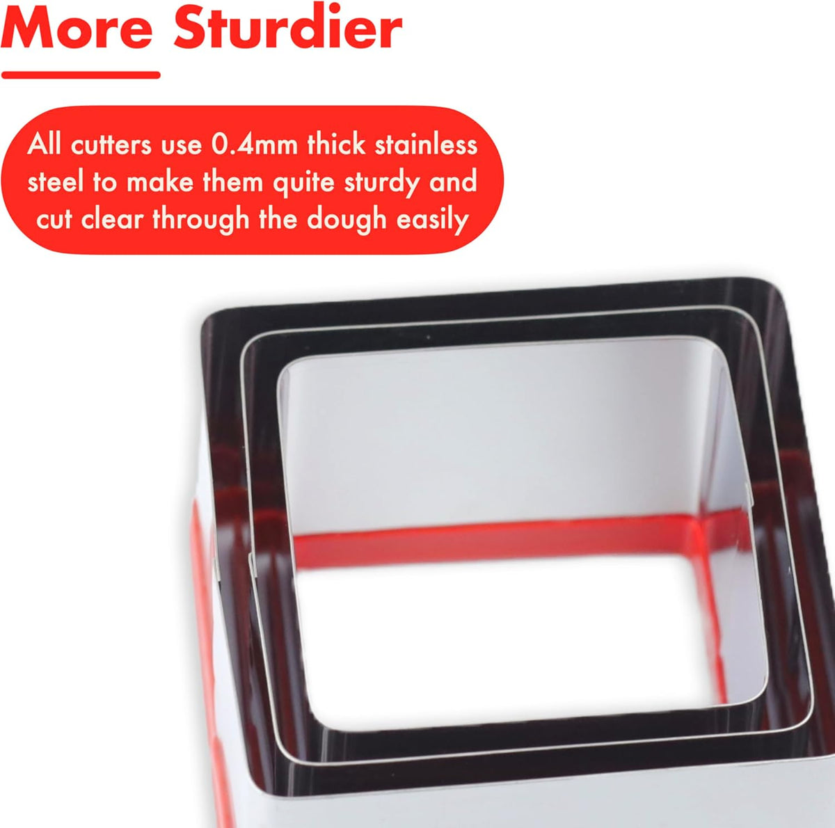 3 Pcs Square Cookie Cutter Set, Stainless Steel Biscuit Cutters for Baking, 2.5” 2.9” 3.3”, Sandwich Cutter Shapes for Kids, Red Soft Rubber Top for Protection