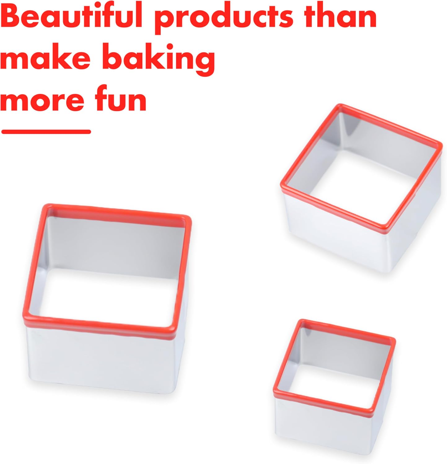 3 Pcs Square Cookie Cutter Set, Stainless Steel Biscuit Cutters for Baking, 2.5” 2.9” 3.3”, Sandwich Cutter Shapes for Kids, Red Soft Rubber Top for Protection