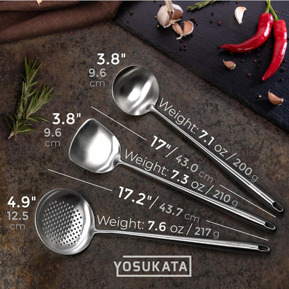 17" Wok Spatula and Ladle Skimmer Spoon - Stainless Steel Cooking Utensils Set of 3-304 Stainless Steel Kitchen Utensils Set - Dishwasher Safe Wok Accessories - Wok Utensils - Cooking Tools