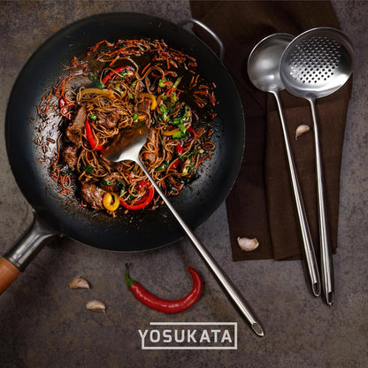17" Wok Spatula and Ladle Skimmer Spoon - Stainless Steel Cooking Utensils Set of 3-304 Stainless Steel Kitchen Utensils Set - Dishwasher Safe Wok Accessories - Wok Utensils - Cooking Tools