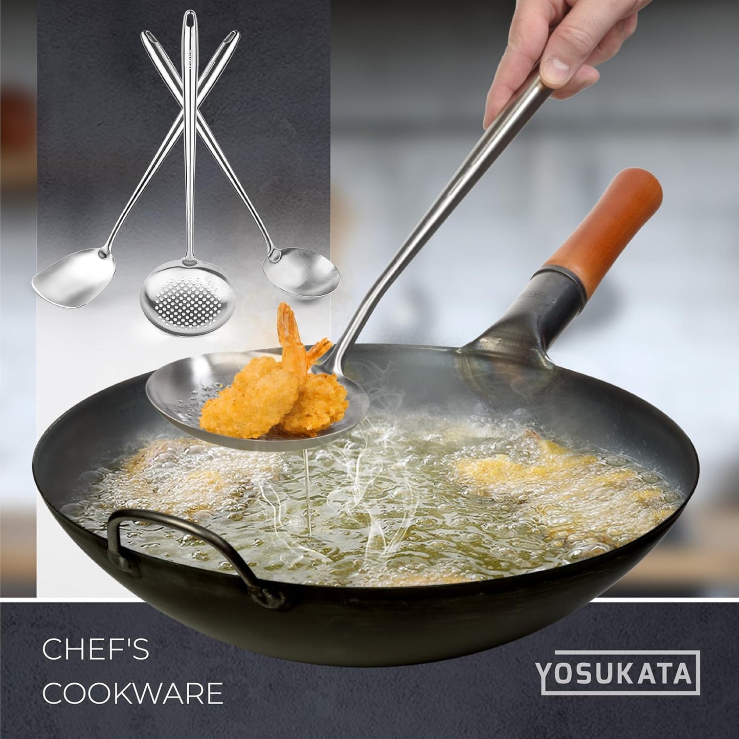 17" Wok Spatula and Ladle Skimmer Spoon - Stainless Steel Cooking Utensils Set of 3-304 Stainless Steel Kitchen Utensils Set - Dishwasher Safe Wok Accessories - Wok Utensils - Cooking Tools