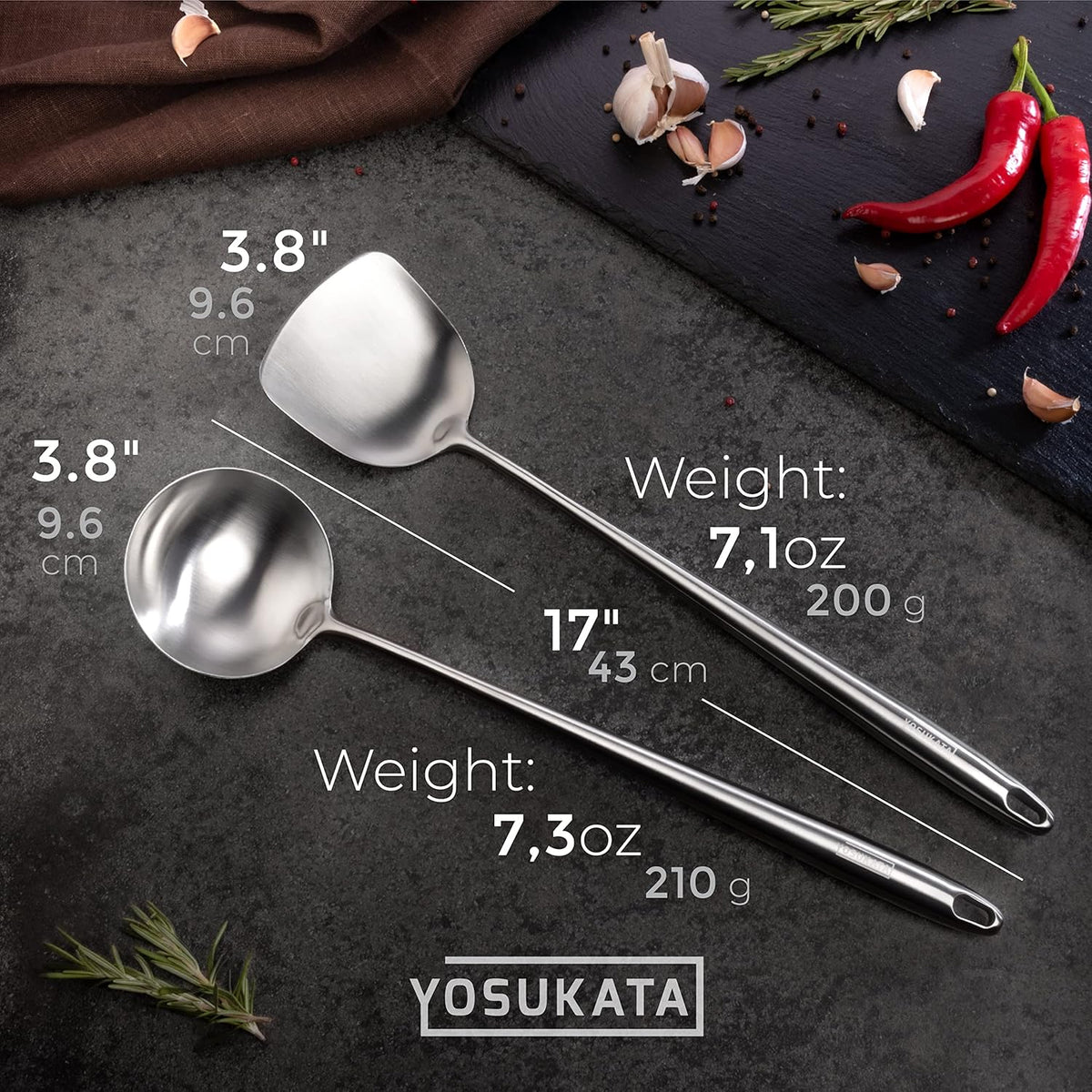 17" Wok Spatula and Ladle Skimmer Spoon - Stainless Steel Cooking Utensils Set of 3-304 Stainless Steel Kitchen Utensils Set - Dishwasher Safe Wok Accessories - Wok Utensils - Cooking Tools