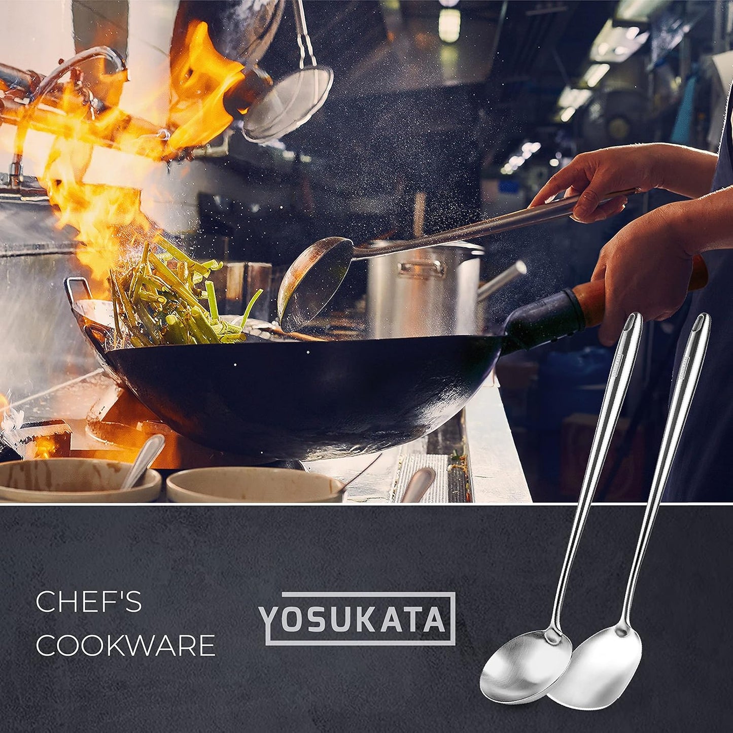 17" Wok Spatula and Ladle Skimmer Spoon - Stainless Steel Cooking Utensils Set of 3-304 Stainless Steel Kitchen Utensils Set - Dishwasher Safe Wok Accessories - Wok Utensils - Cooking Tools