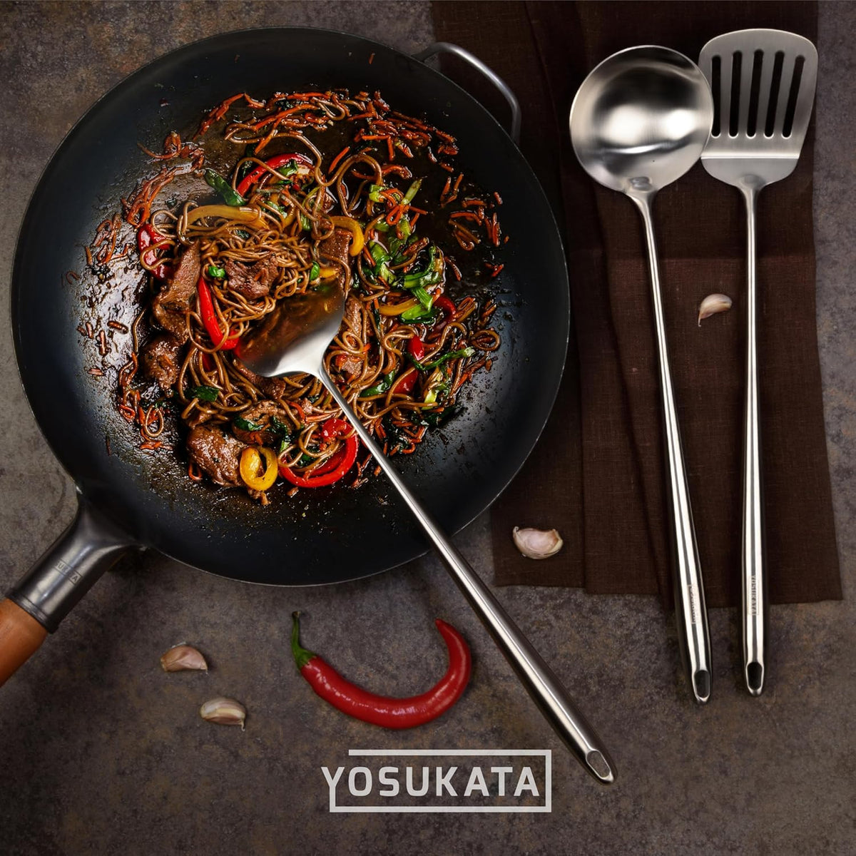 17" Wok Spatula and Ladle Skimmer Spoon - Stainless Steel Cooking Utensils Set of 3-304 Stainless Steel Kitchen Utensils Set - Dishwasher Safe Wok Accessories - Wok Utensils - Cooking Tools