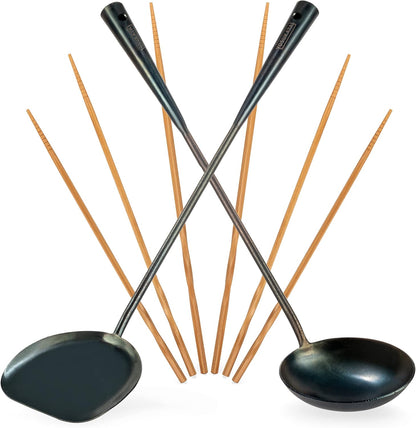 17" Wok Spatula and Ladle Skimmer Spoon - Stainless Steel Cooking Utensils Set of 3-304 Stainless Steel Kitchen Utensils Set - Dishwasher Safe Wok Accessories - Wok Utensils - Cooking Tools