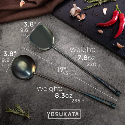 17" Wok Spatula and Ladle Skimmer Spoon - Stainless Steel Cooking Utensils Set of 3-304 Stainless Steel Kitchen Utensils Set - Dishwasher Safe Wok Accessories - Wok Utensils - Cooking Tools