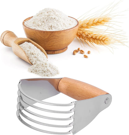 Professional Stainless Steel Dough Blender with Heavy Duty Blades, for Pastry, Baking, and More, Comfortable Handle (Wood)